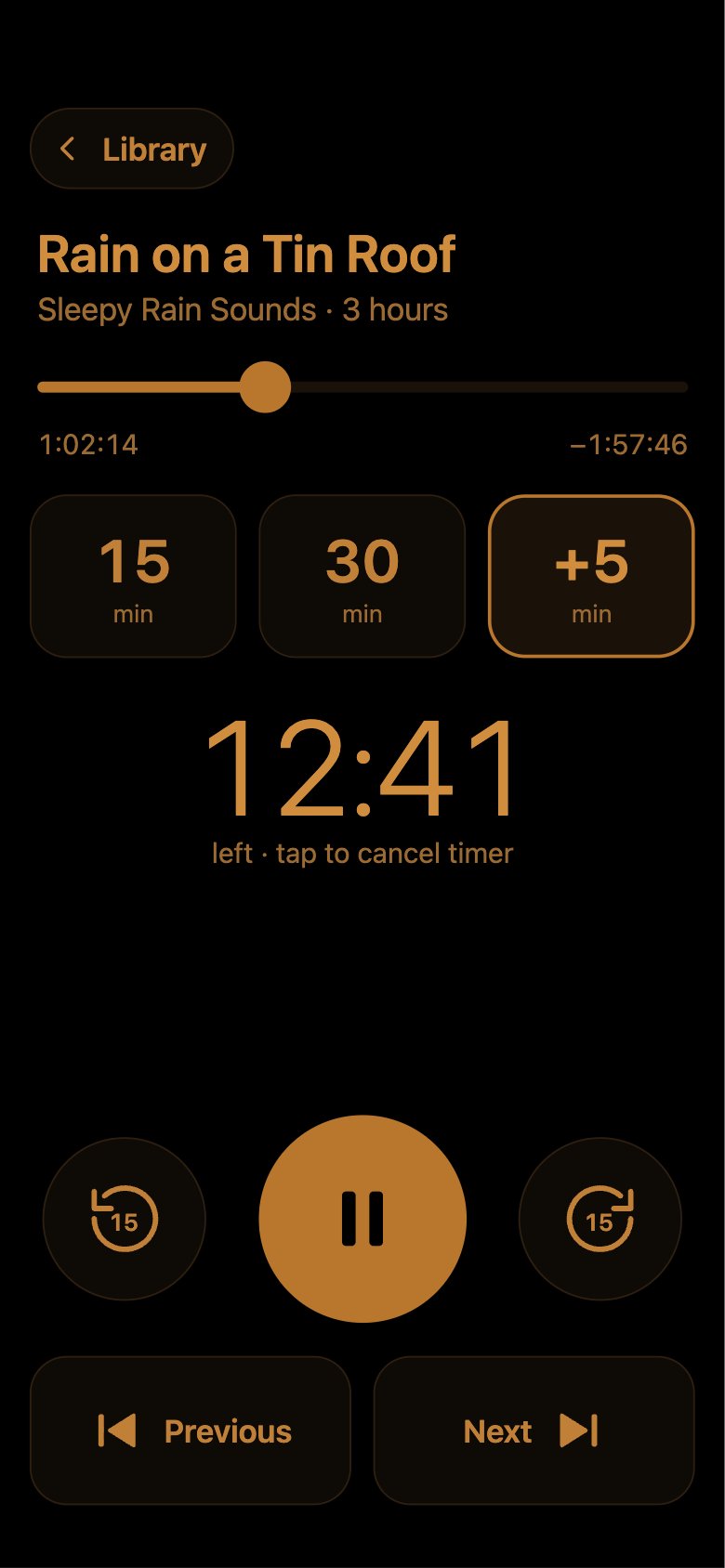 Nightcap's dark audio player with an active sleep timer